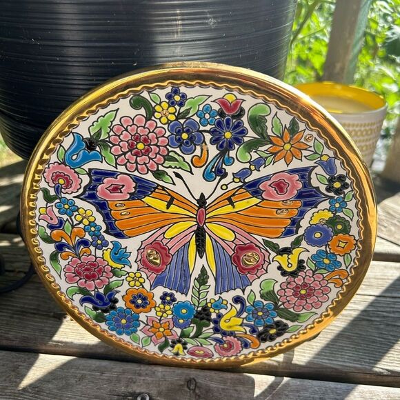 CEARCO PINTADO A MANO 24K ENAMEL POTTERY BUTTERFLY Wall Hanging Plate 8.5" - Picture 3 of 16